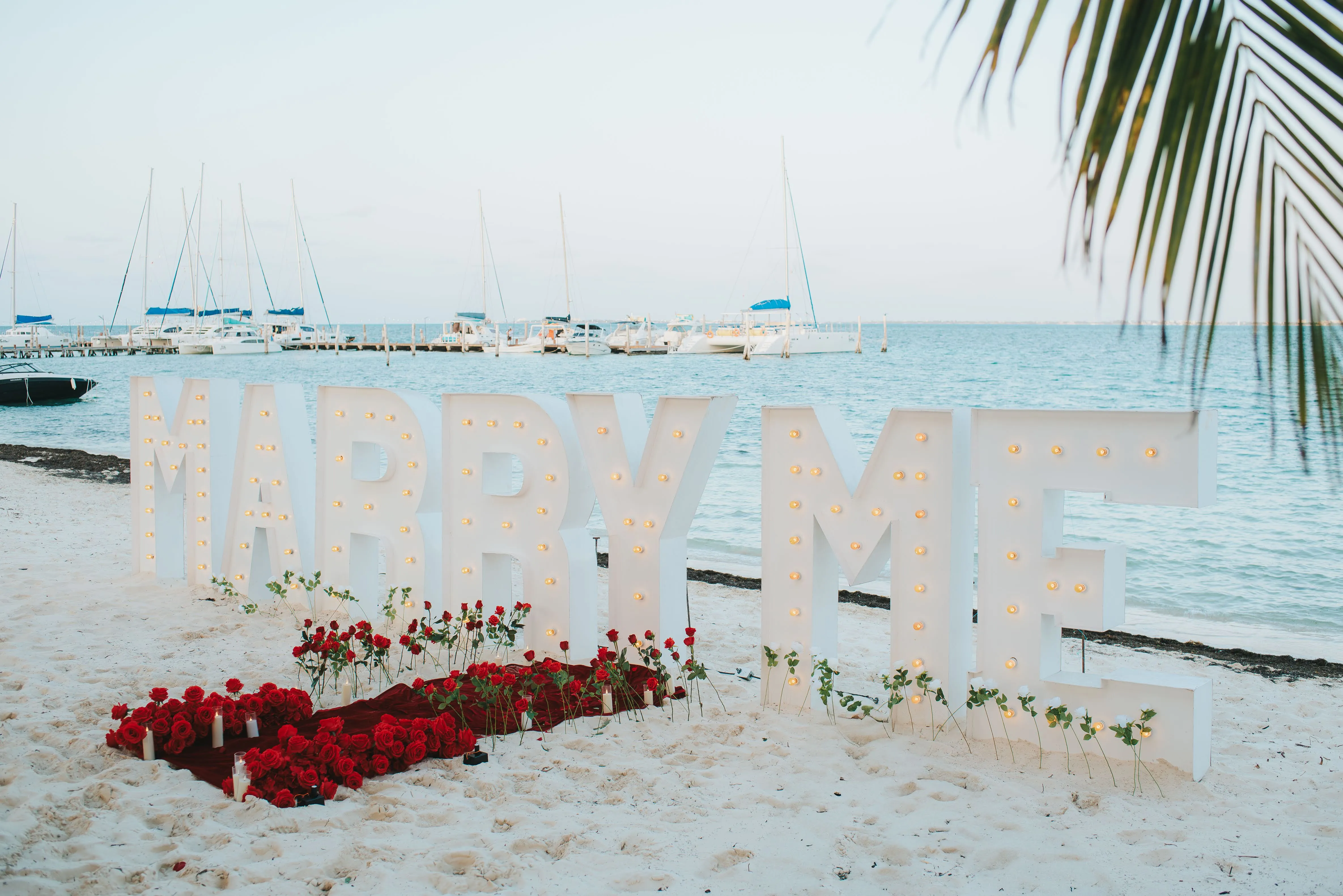 Romantic beach proposal at sunset