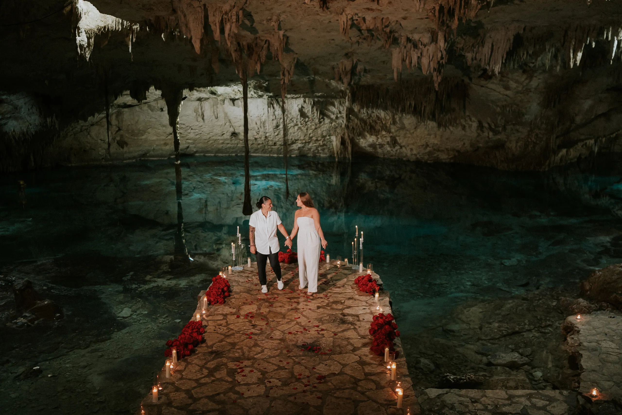 Romantic proposal in natural cave